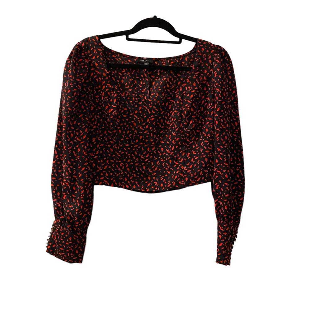 Dynamite Crop Top Blouse Side Zipper Long Sleeve Black Red Size M